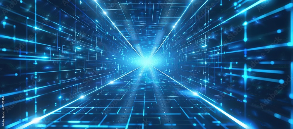 Obraz premium Digital Network Tunnel - Glowing Blue Lines