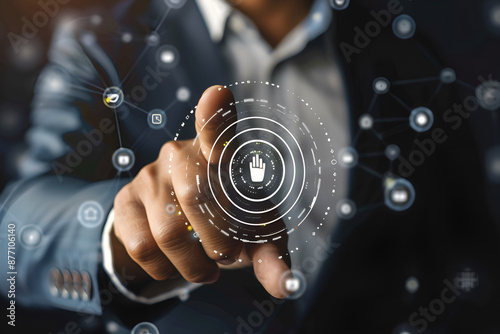A hand interacting with a glowing blue digital interface, featuring circular holographic elements and data symbols filled with dynamic light patterns, creating a futuristic and high-tech atmosphere 