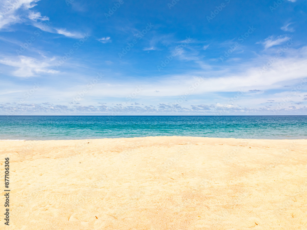 Empty tropical beach and seascape,Amazing sand on beach and blue summer sky background,Aerial view beach for travel background Empty tropical beach and seascape,Amazing sand on beach and blue summer sky background,Aerial view beach for travel background