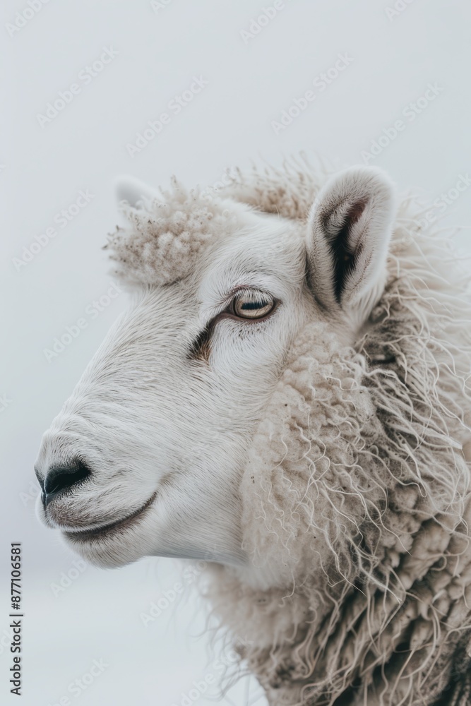 Fototapeta premium A tight shot of a sheep's face, covered in white fur, against a backdrop of gray sky