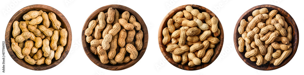 Dried peanuts in wooden bowl, Isolated, PNG set Dried peanuts in wooden bowl, Isolated, PNG set