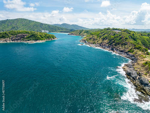 Amazing seascape view seashore and waves crashing on rocks,Aerial view beautiful sea in Phuket island Thailand