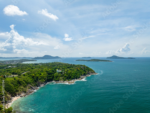 Amazing seascape view seashore and waves crashing on rocks,Aerial view beautiful sea in Phuket island Thailand