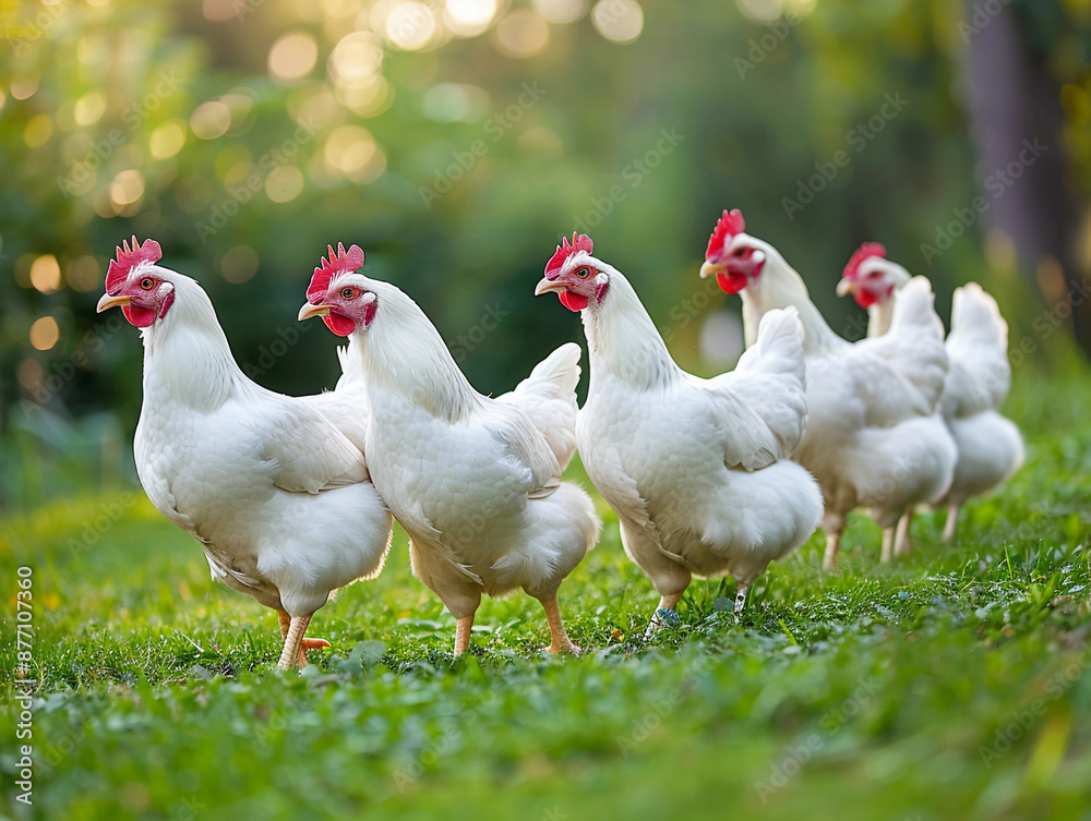 Fototapeta premium Five White Chickens Walking Through Grass in a Sunny Meadow