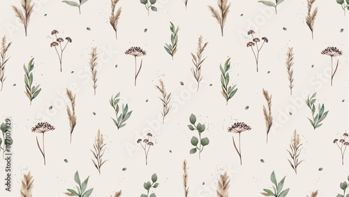 Seamless Pattern on Horizontal Background with Watercolor Grasses, Grains. Autumn Background for Banners, Flyers, Wedding Invitations in Rustic Boho Style. Vector