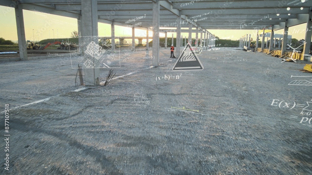 Augmented reality overlay of house blueprints and mathematical equations on a construction site at sunset, highlighting the integration of technology in building planning Augmented reality overlay of house blueprints and mathematical equations on a construction site at sunset, highlighting the integration of technology in building planning