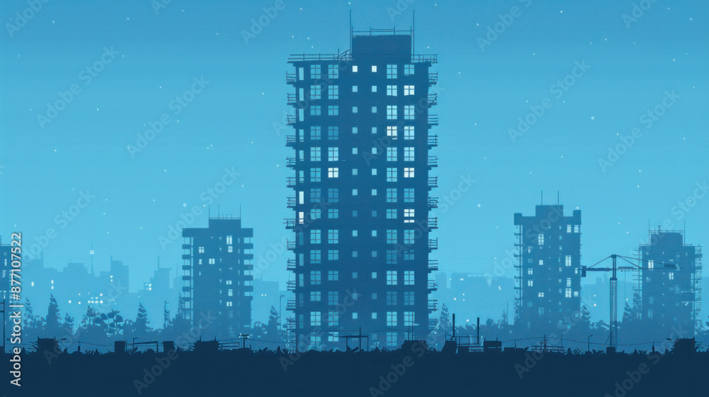 Naklejka premium A city skyline with a large building in the middle. The sky is blue and the buildings are tall