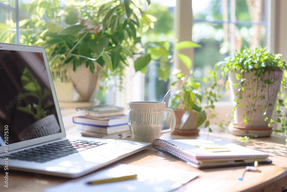 Cozy Workspace with Laptop, Books, and Plants Cozy Workspace with Laptop, Books, and Plants