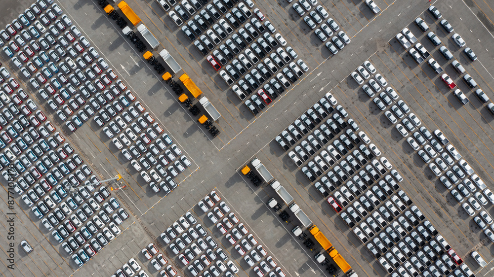 Aerial view of new car stock at distribution center automobile factory, Row of new car for sale in port, New car lined up import and export business logistic to dealership for sale. Aerial view of new car stock at distribution center automobile factory, Row of new car for sale in port, New car lined up import and export business logistic to dealership for sale.