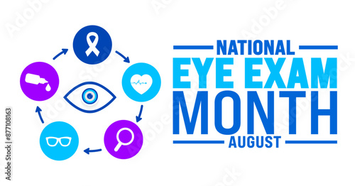 National Eye Exam Month is observed every year in August. Holiday concept. Template for background, banner, card, poster, placard, design template with unique shapes with standard color.