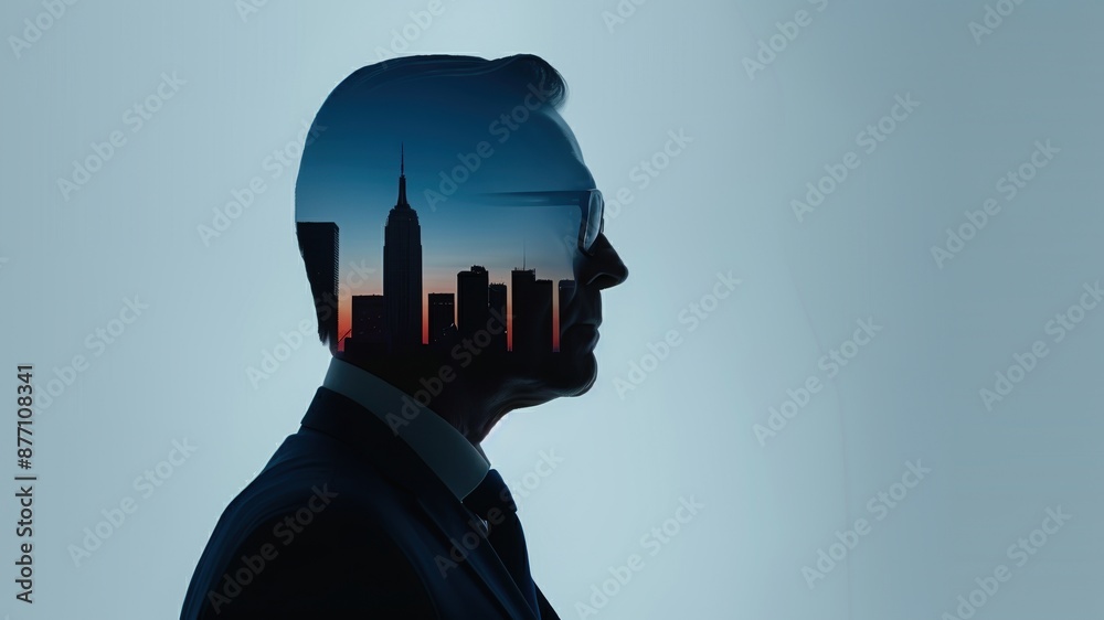 Double exposure of a businessman's profile and city skyline creating a conceptual image of urban development and professional ambition. Double exposure of a businessman's profile and city skyline creating a conceptual image of urban development and professional ambition.