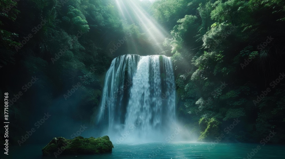 Sunbeams illuminate a cascading waterfall in a lush green forest. Sunbeams illuminate a cascading waterfall in a lush green forest.