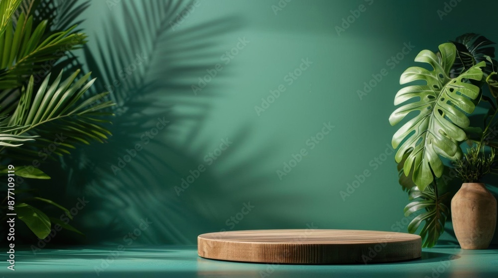 Wooden podium with lush tropical plants and vase for product display. Wooden podium with lush tropical plants and vase for product display.