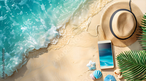 Tropical Escape A vibrant beach scene with a straw hat, waves, and a smartphone on the sand. Tropical Holiday Concept Banner with Sandy Beach, Palm Trees, and Copy Space. 