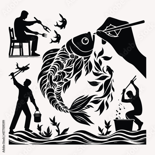 Beautiful Fisherman vector silhouette Set of silhouette with white background 