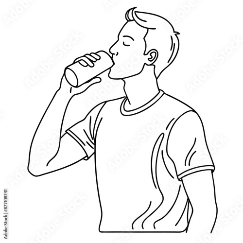 a man drinking from a soda can, line art vector illustration 