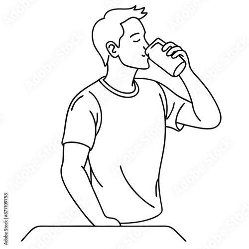 a man drinking from a soda can, line art vector illustration 