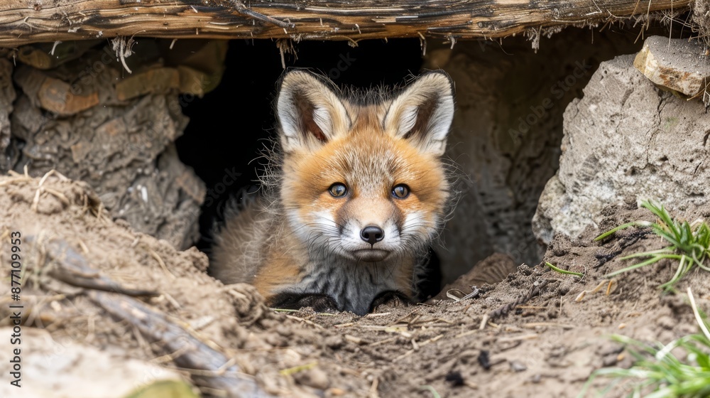 Naklejka premium A tight shot of a tiny fox peering from a hole in an earthy expanse, dotted with grass and strewn with rocks