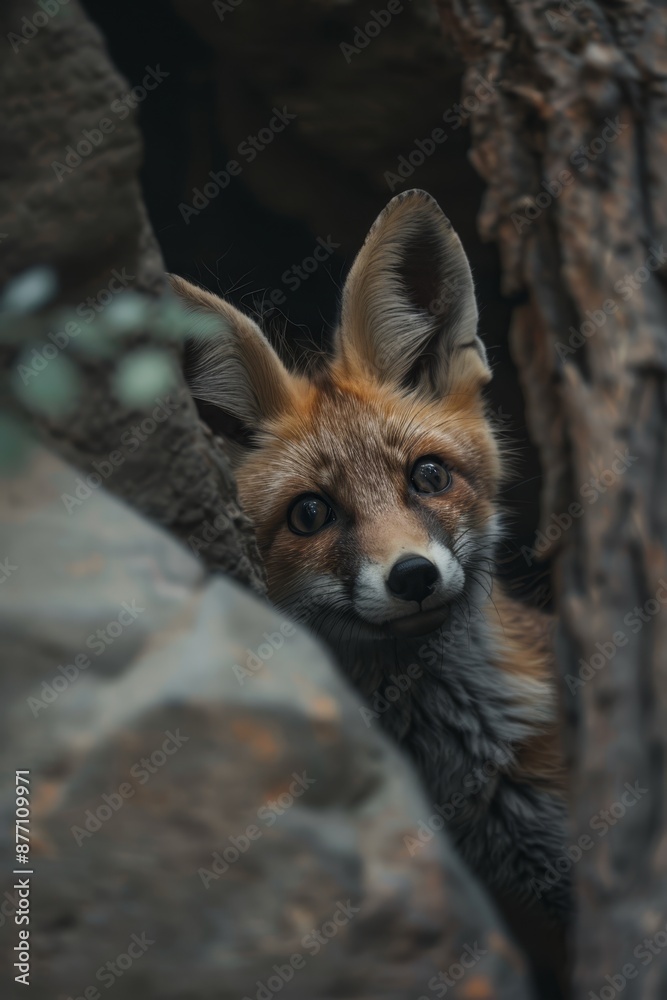 Fototapeta premium A fox gazes intently from a hole in a tree trunk, surrounded by a rocky wall in the background