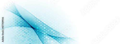 Blue glossy waves with halftone hexagonal pattern abstract background. Geometric tech vector banner design