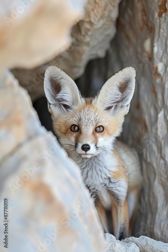  A tight shot of a small creature on rough terrain, surrounded by a hazy background A tiny fox peeks from a cave opening