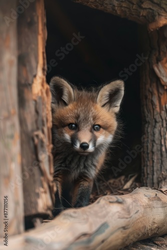  A tight shot of a small fox by a tree trunk, with a log in the foreground and another larger one behind © Viktor