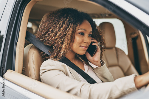 Fényképezés Black woman, phone call and car for communication or business travel for company, sales rep with chat