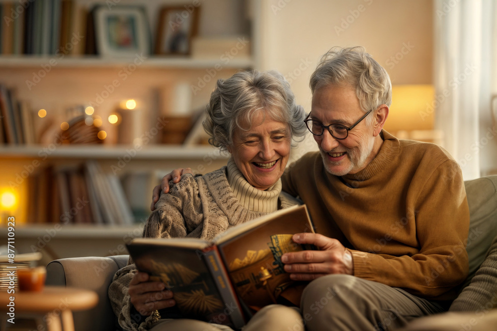 Elderly Couple Reading a Book Together in Cozy Home Library Elderly Couple Reading a Book Together in Cozy Home Library