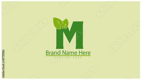Creative Letter M Leaf Logo Design, Letter M Botanical Logo, Leaf Attached with Alphabet M