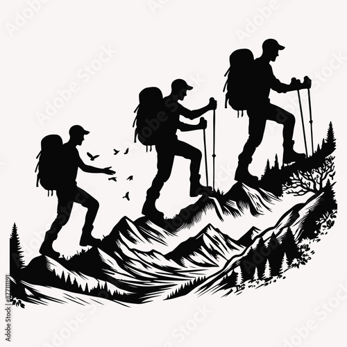 Beautiful Hiking vector silhouette Black silhouette of hunter perch stand white background 