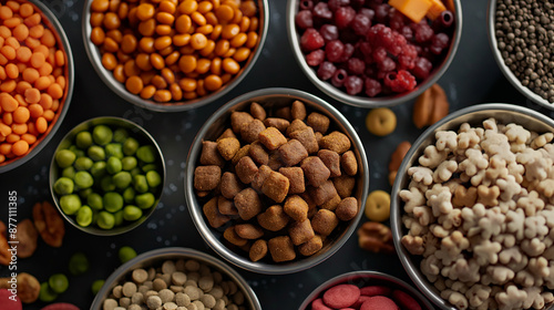 Assorted nuts and foods in close-up bowls