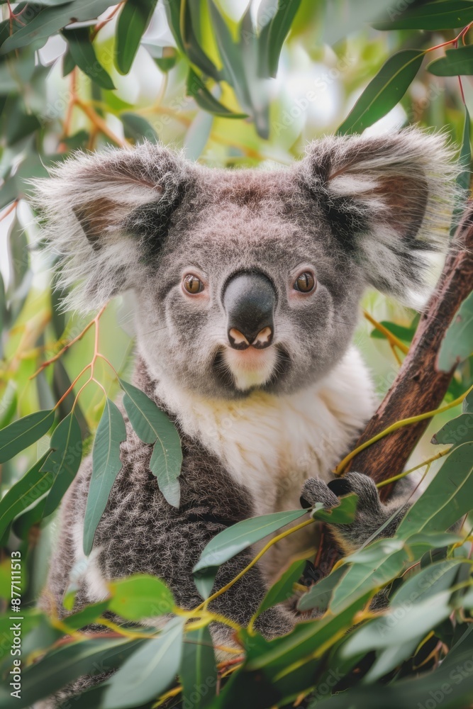 Obraz premium A koala sits in a tree, gazing sadly at the camera