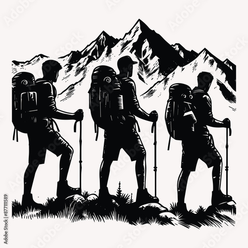Beautiful Hiking vector silhouette Black silhouette of hunter perch stand white background 