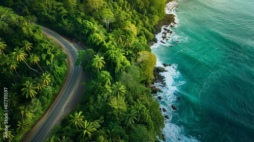 Aerial View of a Winding Road Through Lush Rainforest Towards the Ocean © lemoncraft