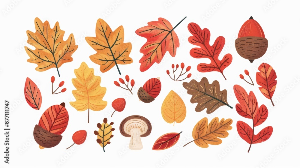 Obraz premium Collection of colorful autumn leaves, acorns, and mushrooms. Perfect for seasonal designs, nature illustrations, and fall-themed projects.