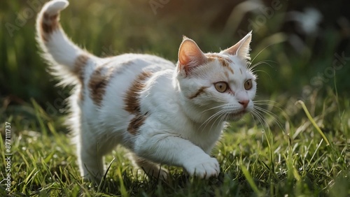 white cat on grass,A white and brown kitten with a pink nose and ears is running through the grass. The kitten has green eyes and a playful expression.