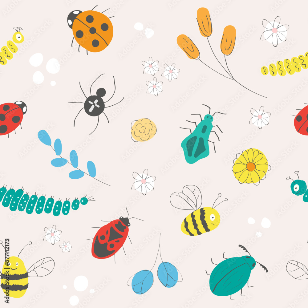 Seamless pattern of cute hand drawn flowers and insects in pastel colours. Spring, summer repeatable pattern, child friendly
Seamless pattern of cute hand drawn flowers and insects in pastel colours. Spring, summer repeatable pattern, child friendly