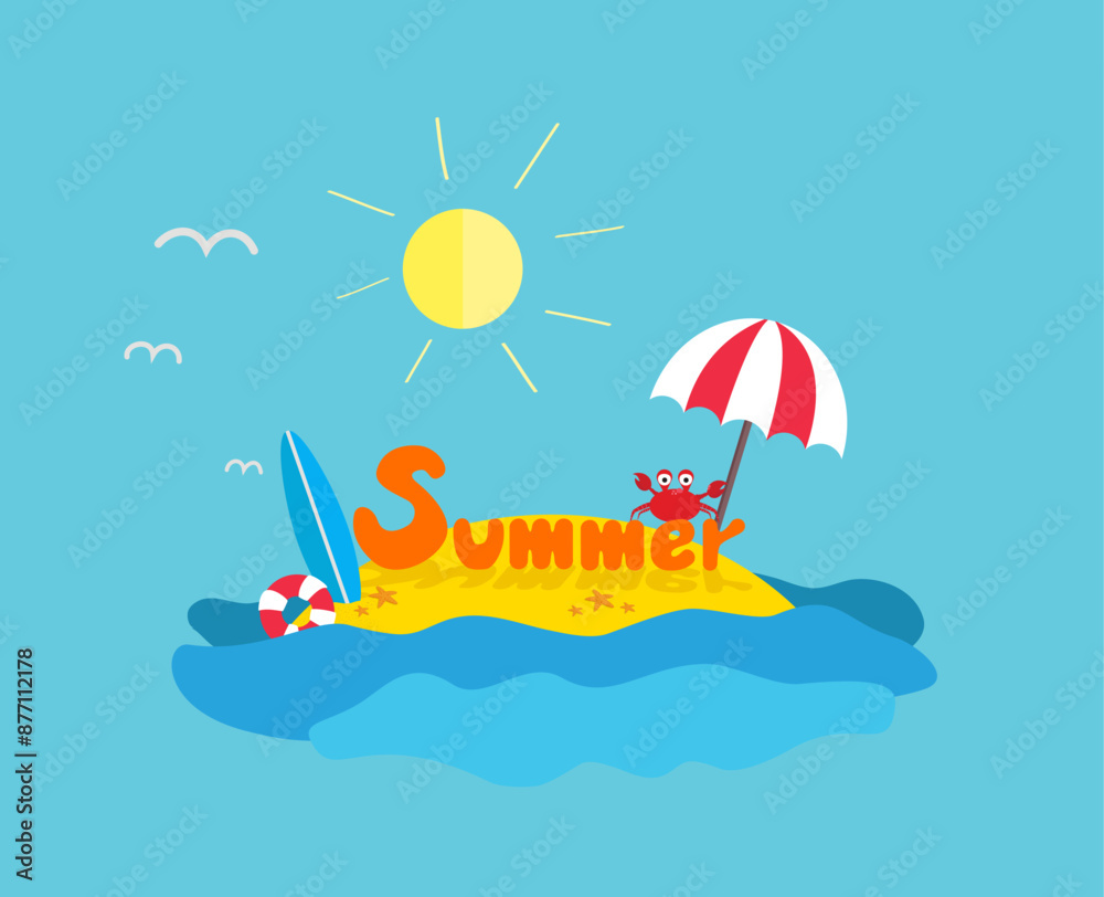 Obraz premium Summer sign on dessert island. flat design. Crab, summer , surfing board. 