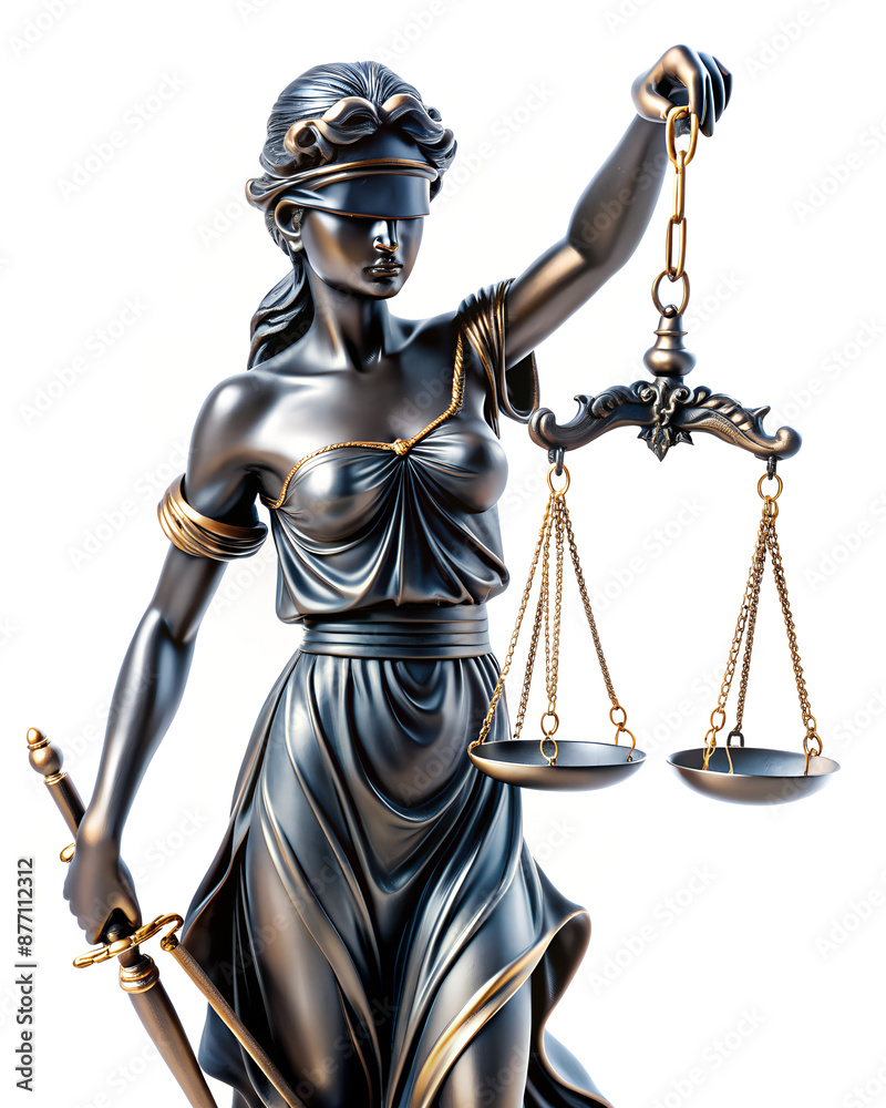 Themis blindfolded black marble statue, symbol of law and justice. White isolated background. Themis blindfolded black marble statue, symbol of law and justice. White isolated background.