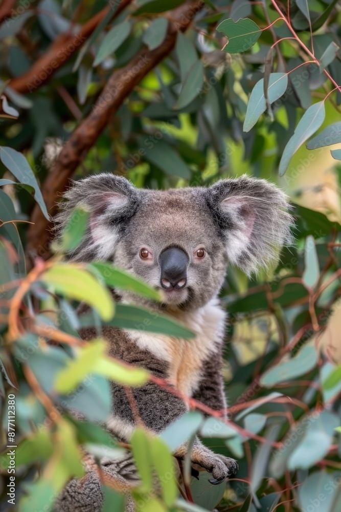  A koala sits in a tree, gazing sadly at the camera