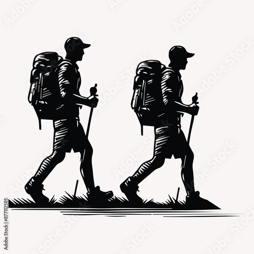 Beautiful Hiking vector silhouette Black silhouette of hunter perch stand white background 