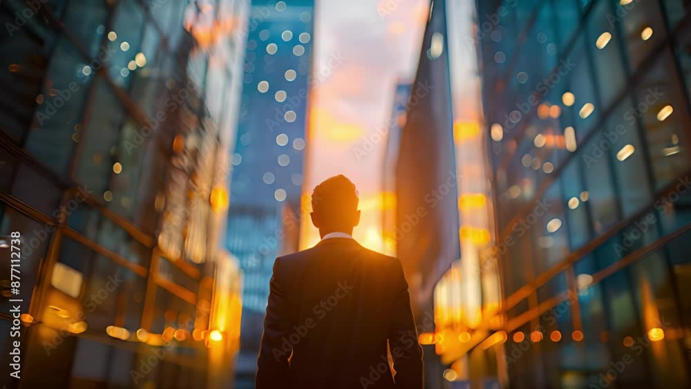 A businessman walks down a city street, with the setting sun illuminating his silhouette. Tall buildings and glowing windows line the street, creating a sense of urban dynamism.