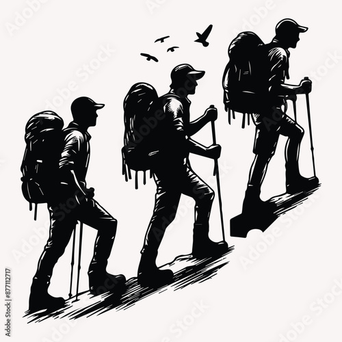 Beautiful Hiking vector silhouette Black silhouette of hunter perch stand white background 