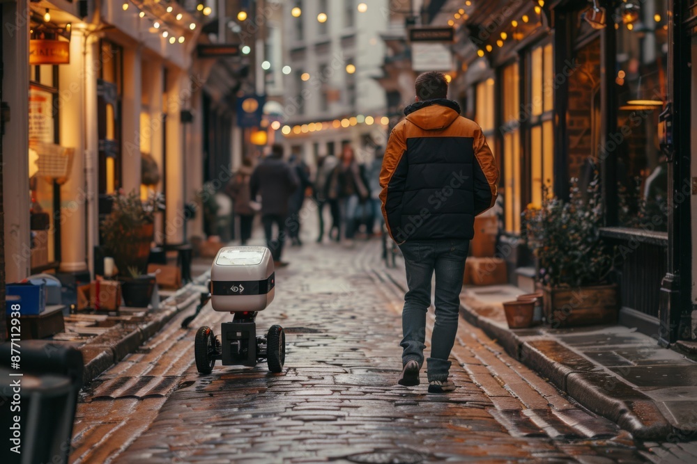 Man walking on a cobblestone street with a delivery robot. Urban scene with modern technology concept. Man walking on a cobblestone street with a delivery robot. Urban scene with modern technology concept.