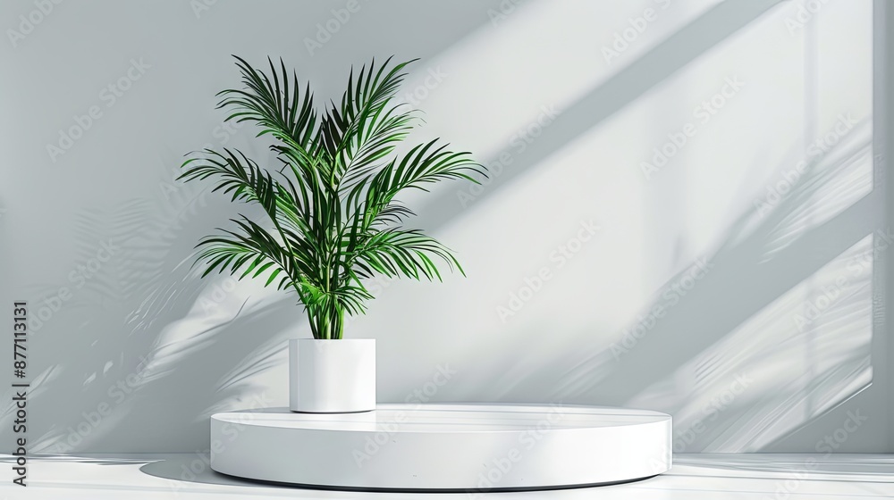 Product display podium with plant on white background for exhibition Product display podium with plant on white background for exhibition