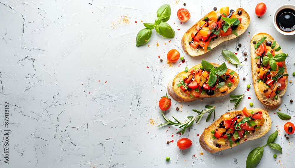 Delicious bruschettas with balsamic vinegar and toppings on light textured table, flat lay. Space for text Delicious bruschettas with balsamic vinegar and toppings on light textured table, flat lay. Space for text
