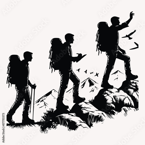 Beautiful Hiking vector silhouette Black silhouette of hunter perch stand white background 