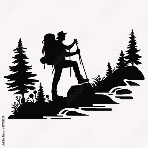 Beautiful Hiking vector silhouette Black silhouette of hunter perch stand white background 