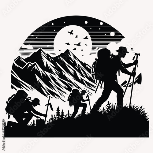 Beautiful Hiking vector silhouette Black silhouette of hunter perch stand white background 