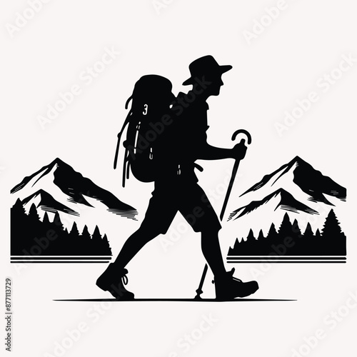 Beautiful Hiking vector silhouette Black silhouette of hunter perch stand white background 